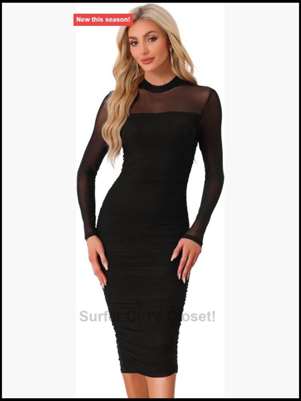 Mock Neck Long Sleeve Ruched Bodycon Mesh Dress Women's Cocktail Party Midi